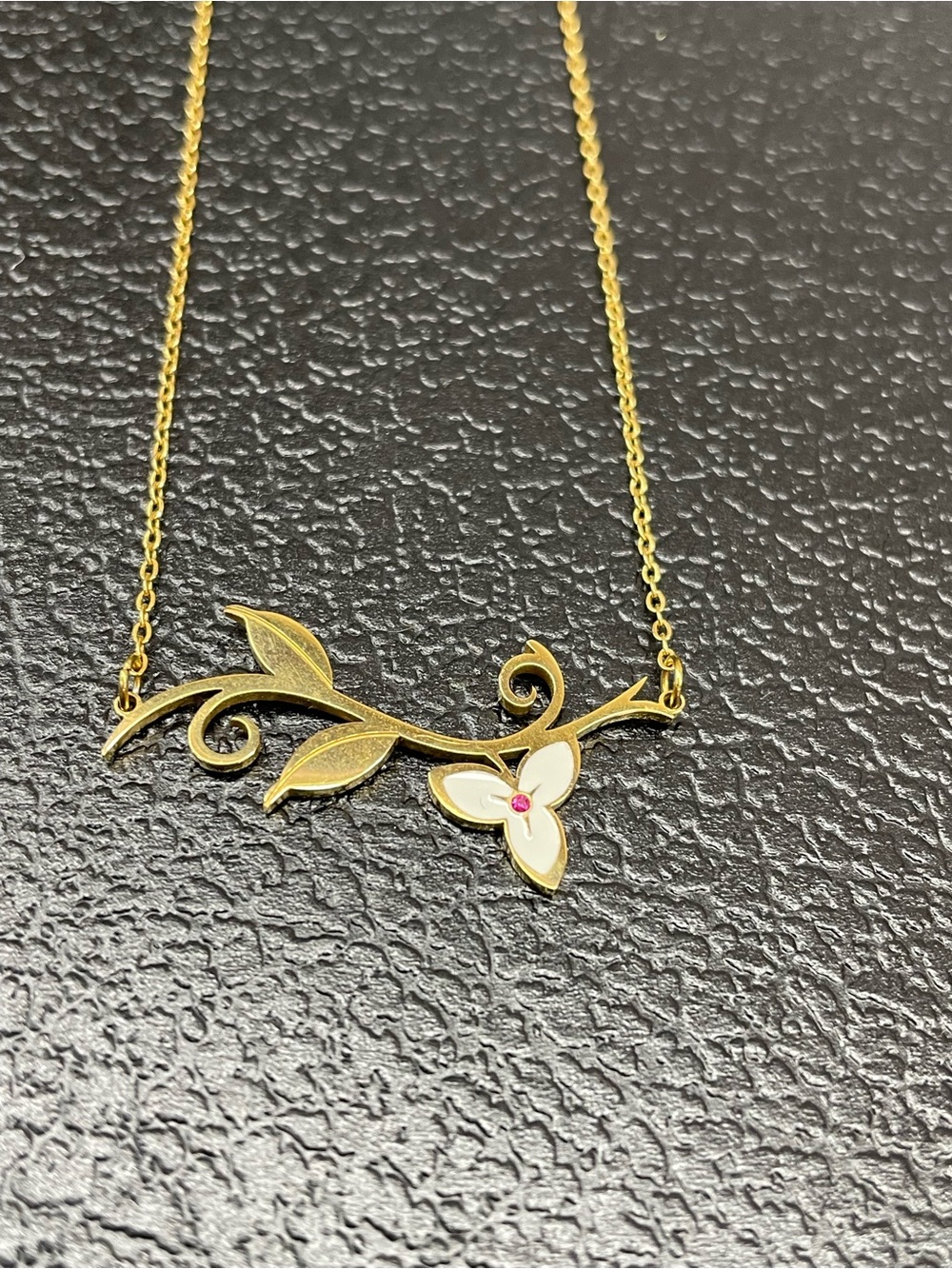 Gold Floral Vine Necklace with White Enamel Flower and Pink Center